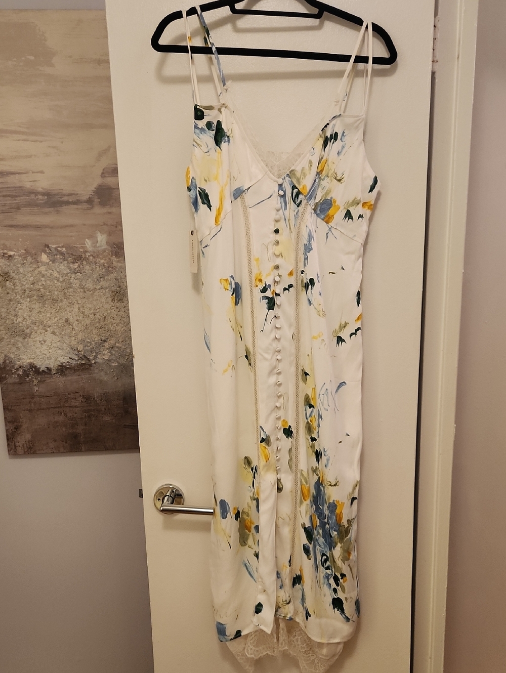 White Floral Slip Dress with Yellow & Blue Paint-Effect Print